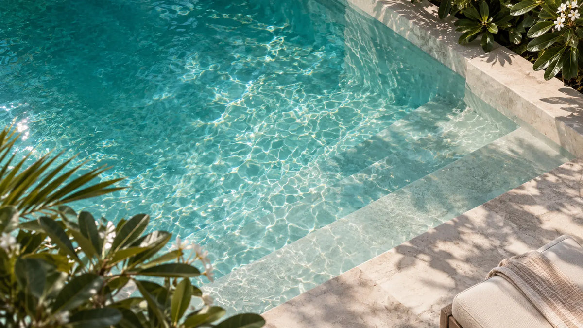 Sunlit corner of a pool with crystal-clear water over pale stone steps