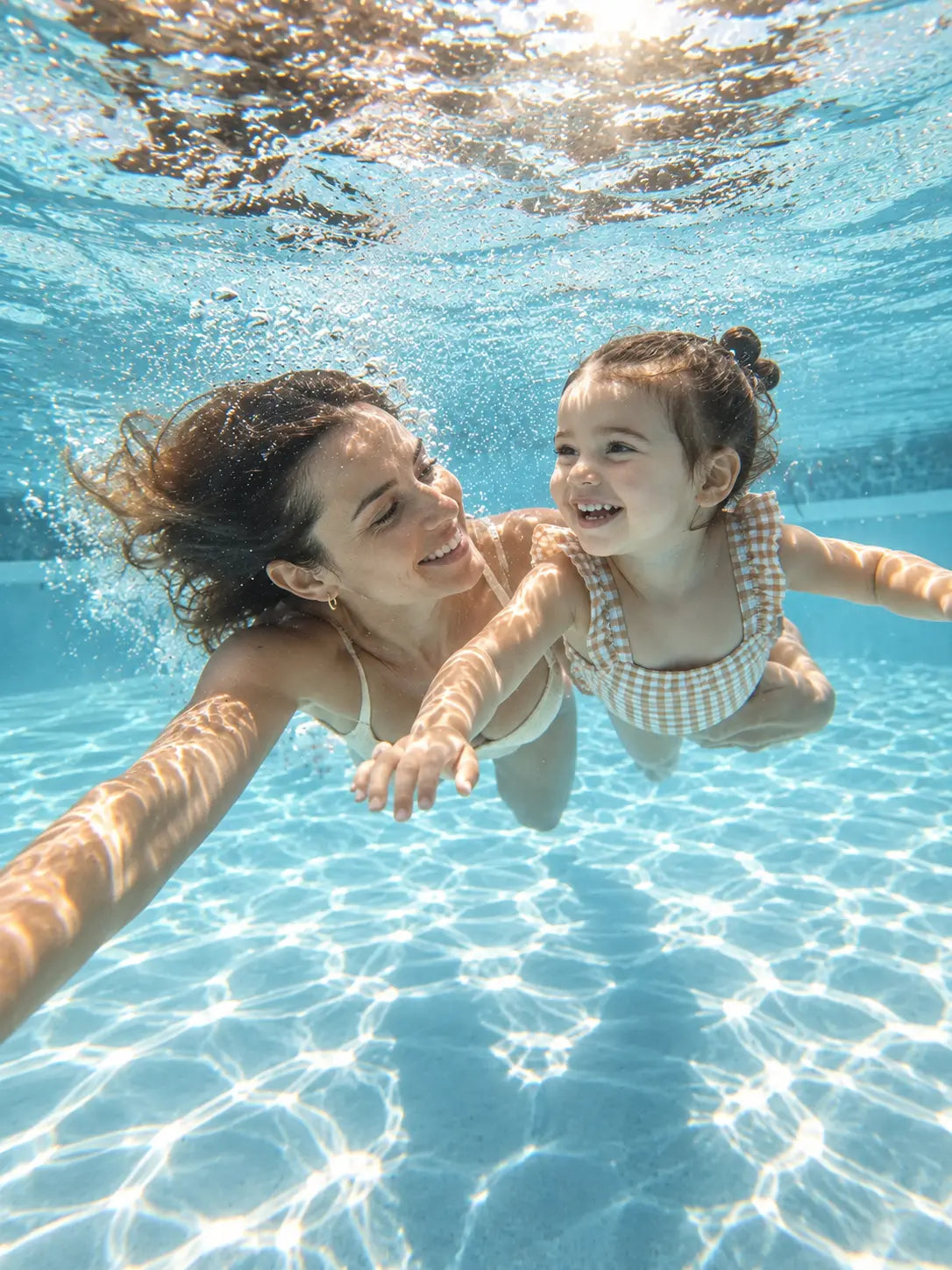 Mother and young daughter swimming underwater together in a sunlit pool