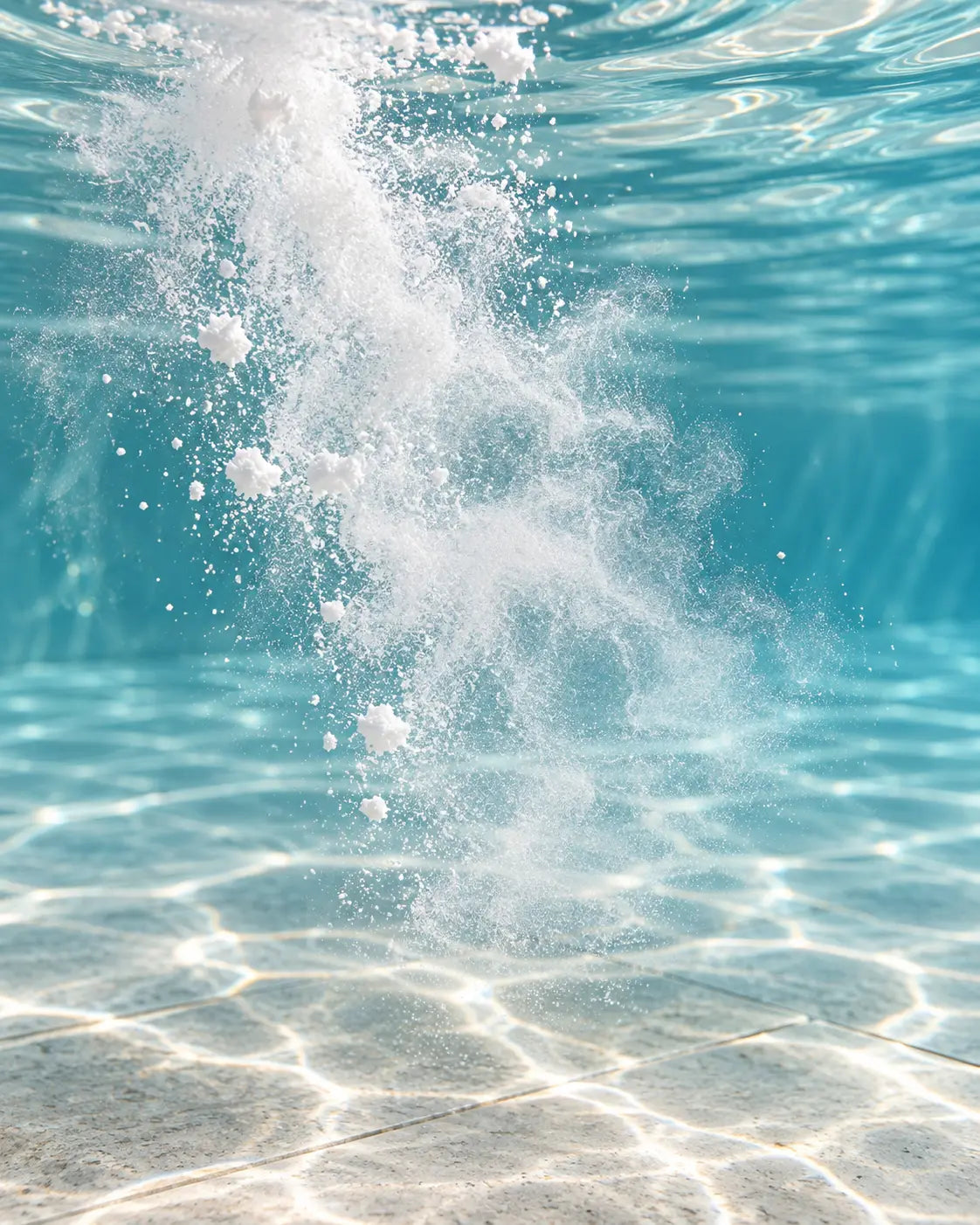 MagneGlow pool salt granules dissolving through sunlit pool water