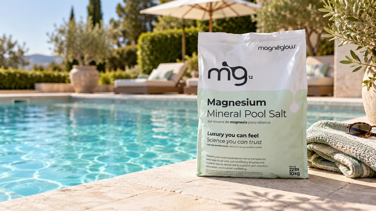 MagneGlow magnesium pool salt bag on a sunlit poolside, supplied to pool retailers