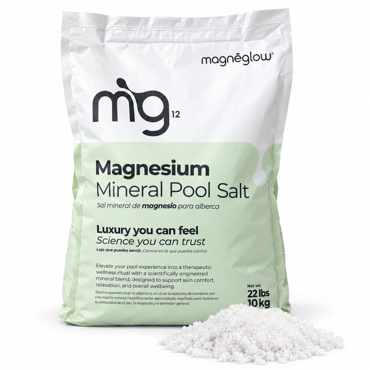 MagneGlow magnesium pool salt bag, 22 lb / 10 kg, front view
